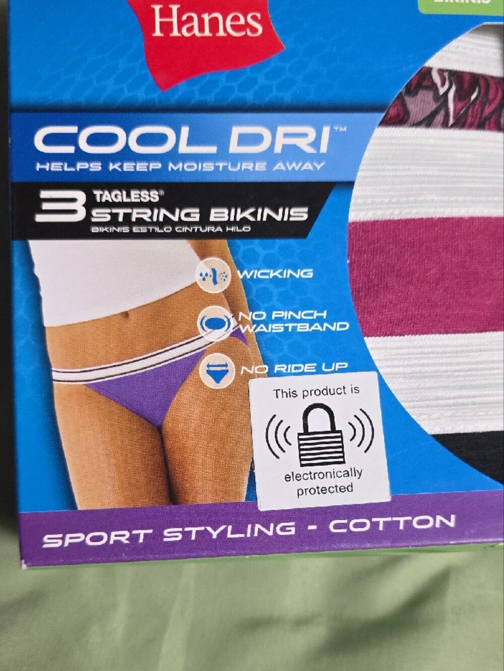 Hanes Women's Cool Dri 3-Pack String Bikinis - Purple, White, Black - Picture 2 of 4